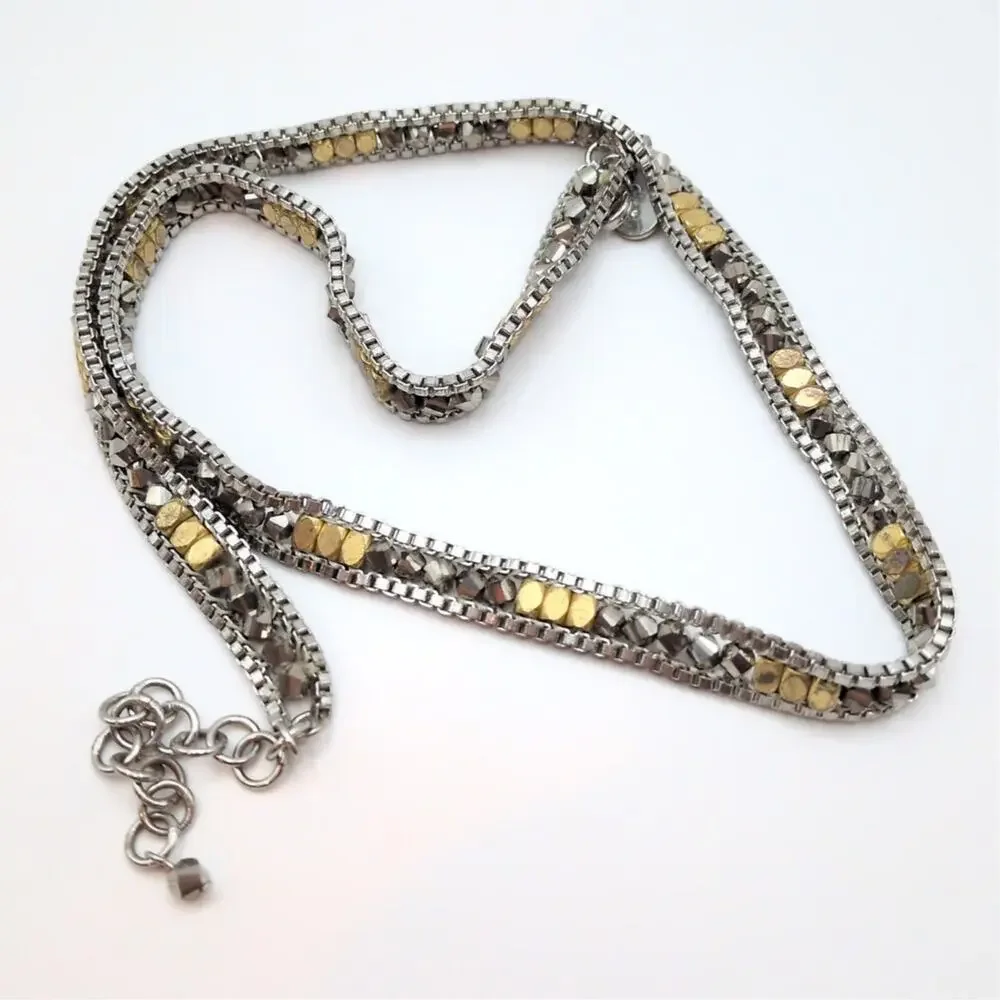 Stella & Dot Luna Two Tone Beaded Metal Triple Wrap Chain Bracelet/Necklace - Picture 3 of 6